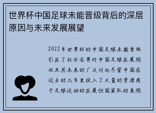 世界杯中国足球未能晋级背后的深层原因与未来发展展望